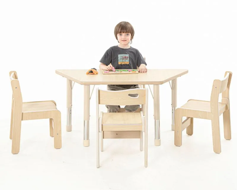 Trapez table Owlaf in beige with chair Ole and child Trapez table Owlaf in beige with chair Ole and child